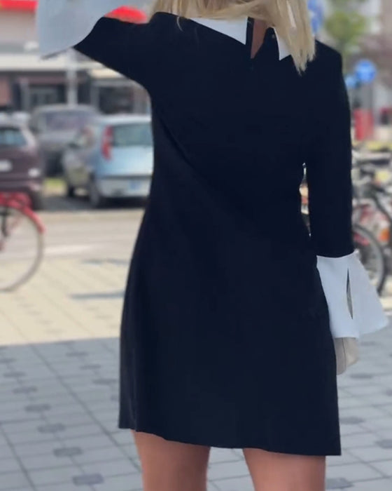 Elegant contrasting lapel bell sleeve dress