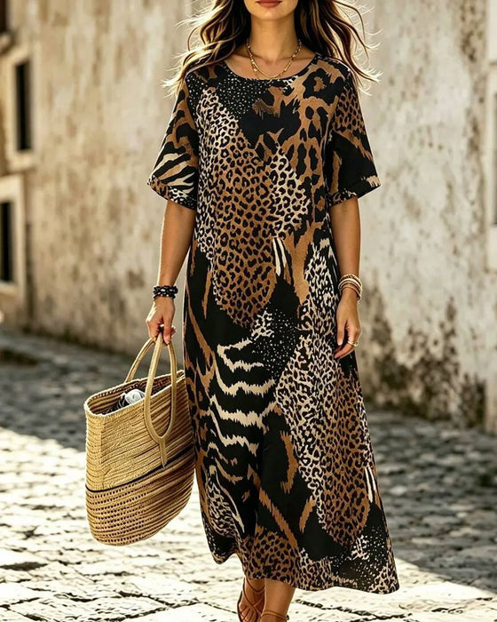 Round Neck Half Sleeve Leopard Print Flared Dress