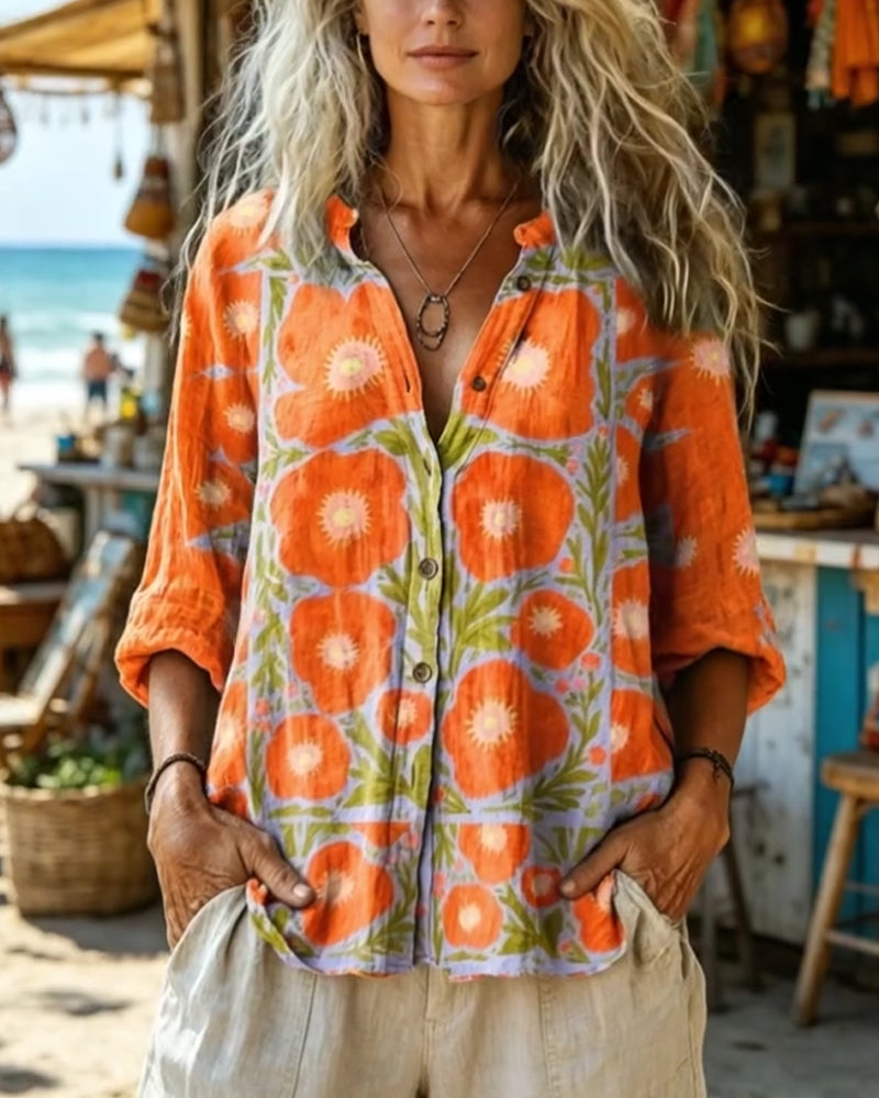 Stand Collar Button-Up Vintage Floral Shirt