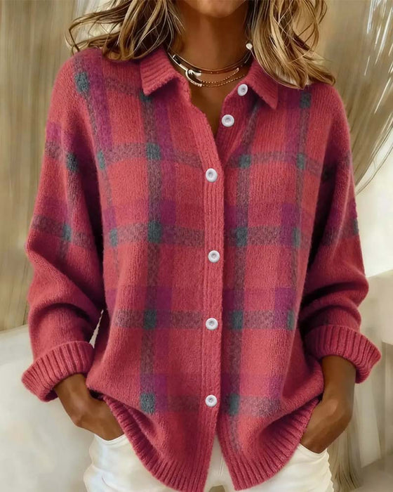 Plaid Shirt Collar Buttoned Cardigan