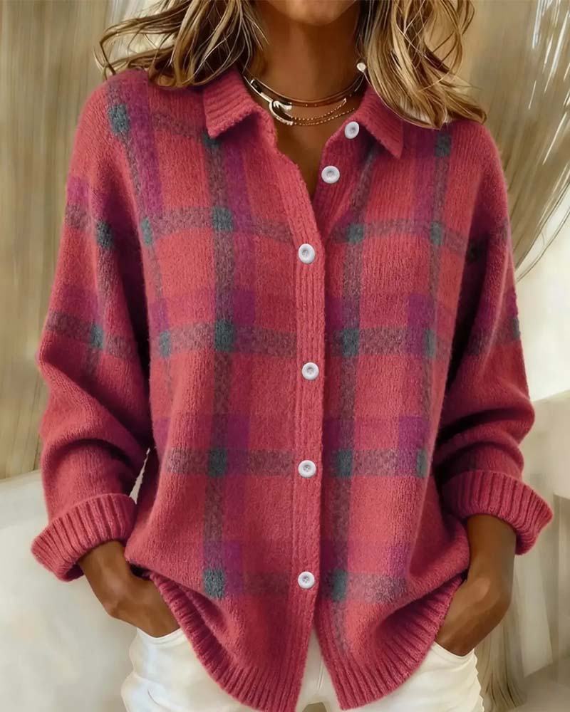 Plaid Shirt Collar Buttoned Cardigan