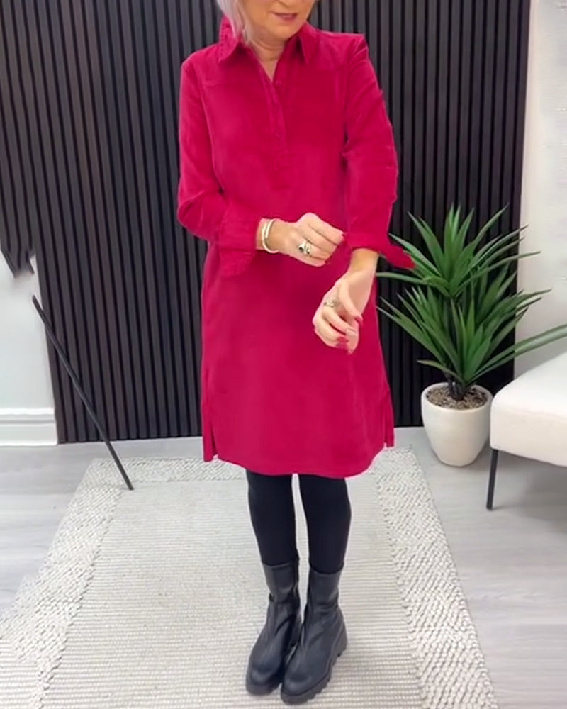 Solid Color Long-Sleeved Lapel Dress