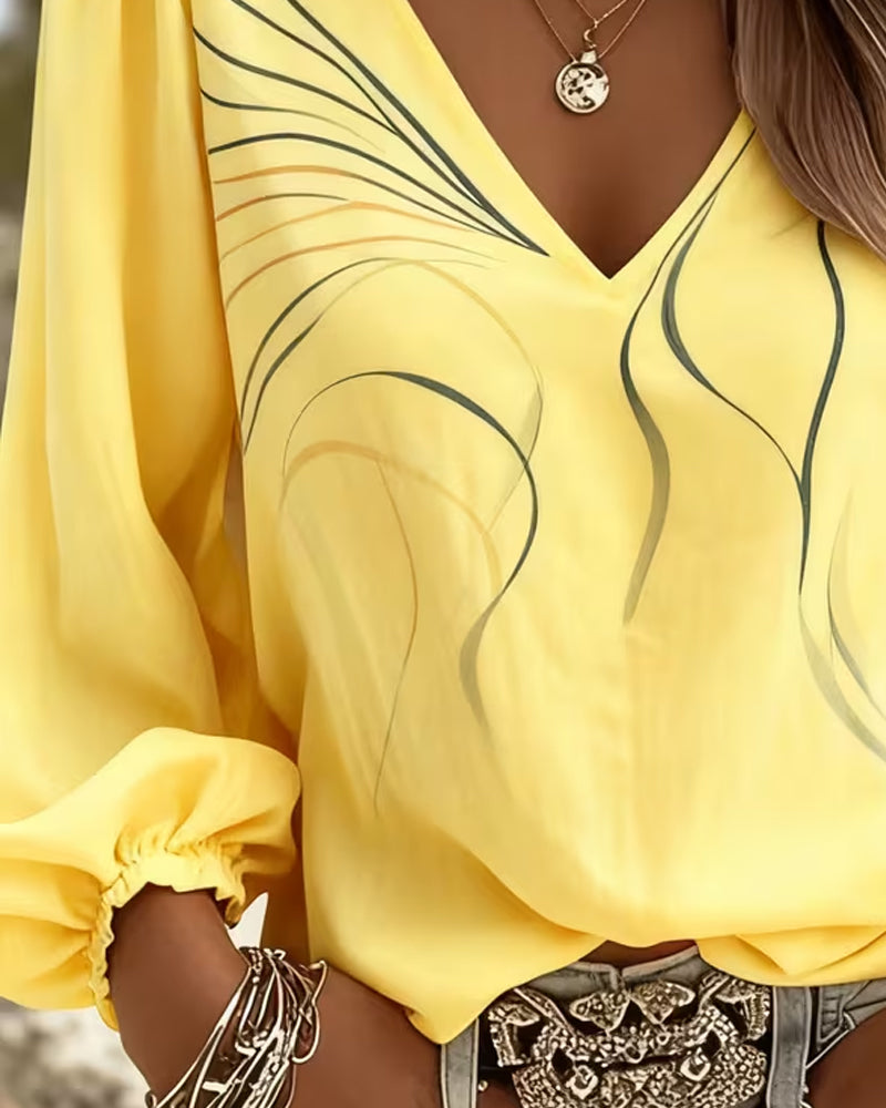 V-Neck Line Printed Puff Sleeve Blouse