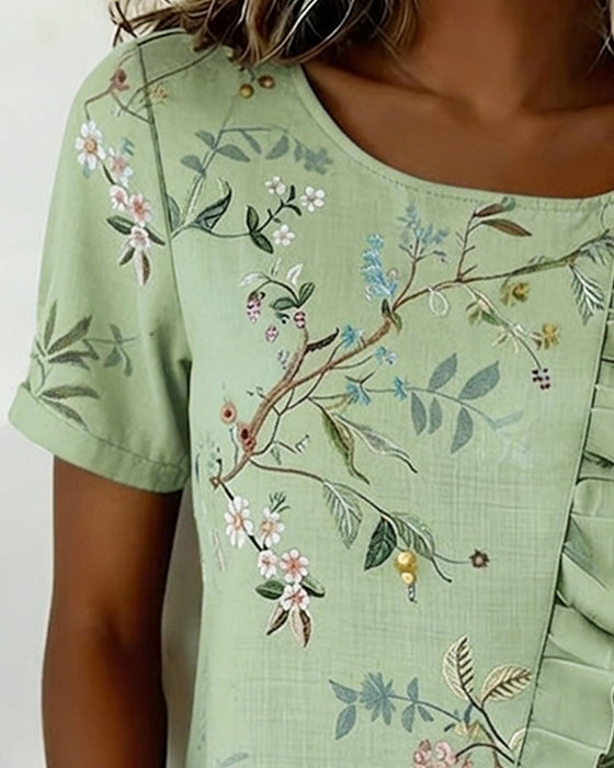 Crewneck Short Sleeve Ruffle Floral Blouse