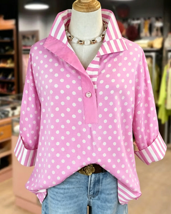 Lapel Half Placket Pink Patchwork Shirt