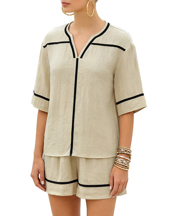 V-Neck Contrast Casual Loose Set