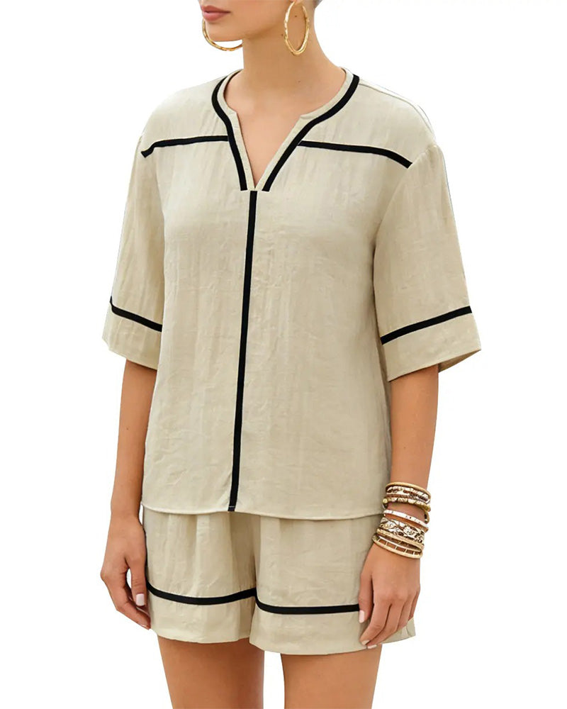 V-Neck Contrast Casual Loose Set