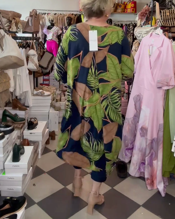 V-Neck Leaf Print Loose Dress