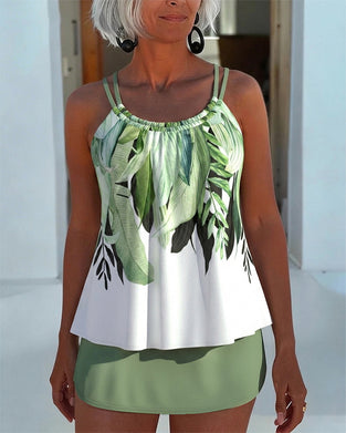 Green Leaf Print Cami Skirt Tankini