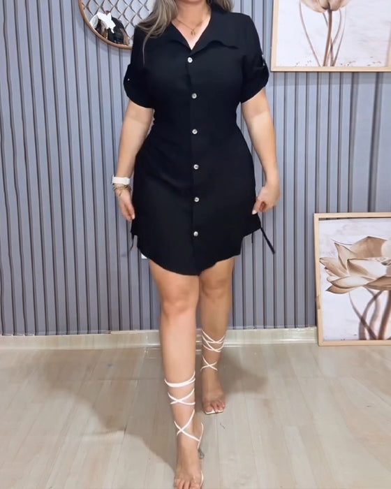 Lapel Short Sleeve Drawstring Shirt Dress