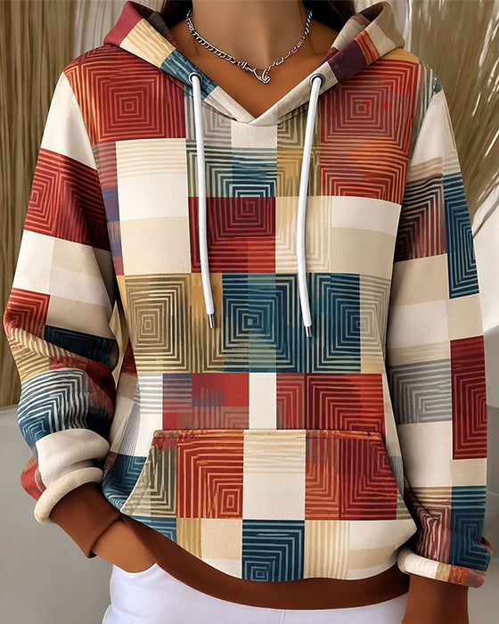 Plaid Color-Block Drawstring Hoodie