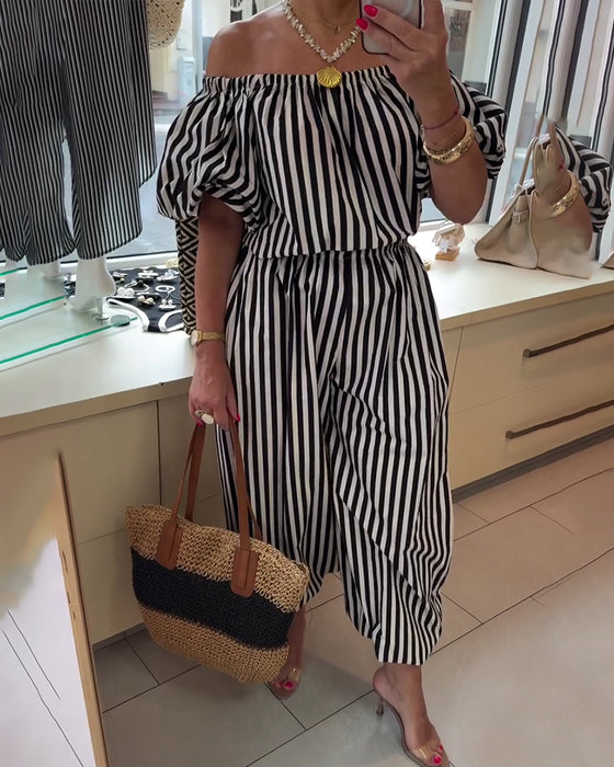 Casual Off Shoulder Striped Jumpsuits