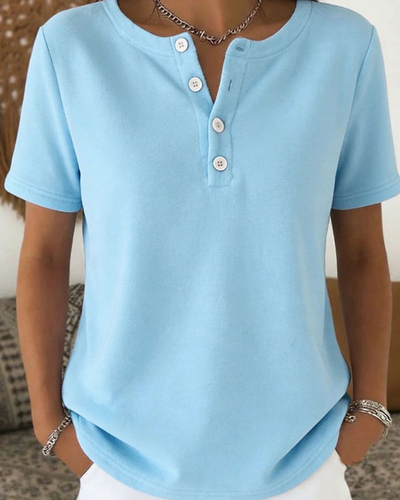 Henley Neck Short Sleeve Button T-Shirt