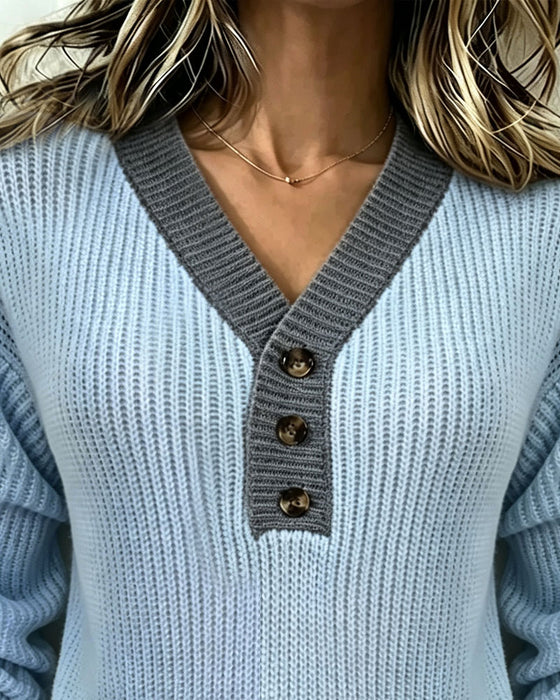 V-Neck Color Block Button Pullover