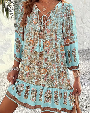 V-Neck Tie Ruffle Floral Dress