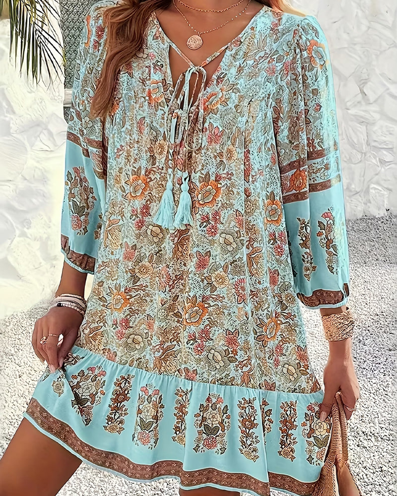 V-Neck Tie Ruffle Floral Dress