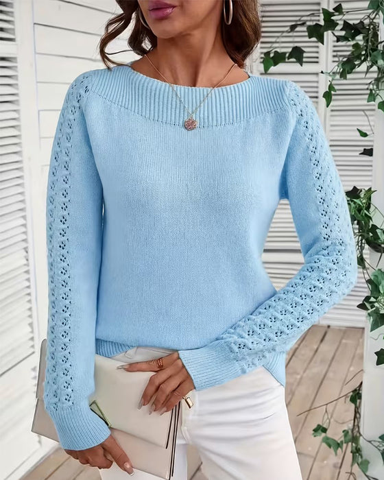 Boat Neck Hollow Out Long Sleeve Knit Pullover