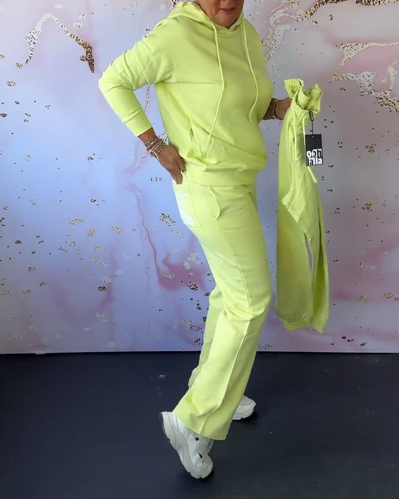 Solid color hooded sweatshirt pants two piece set