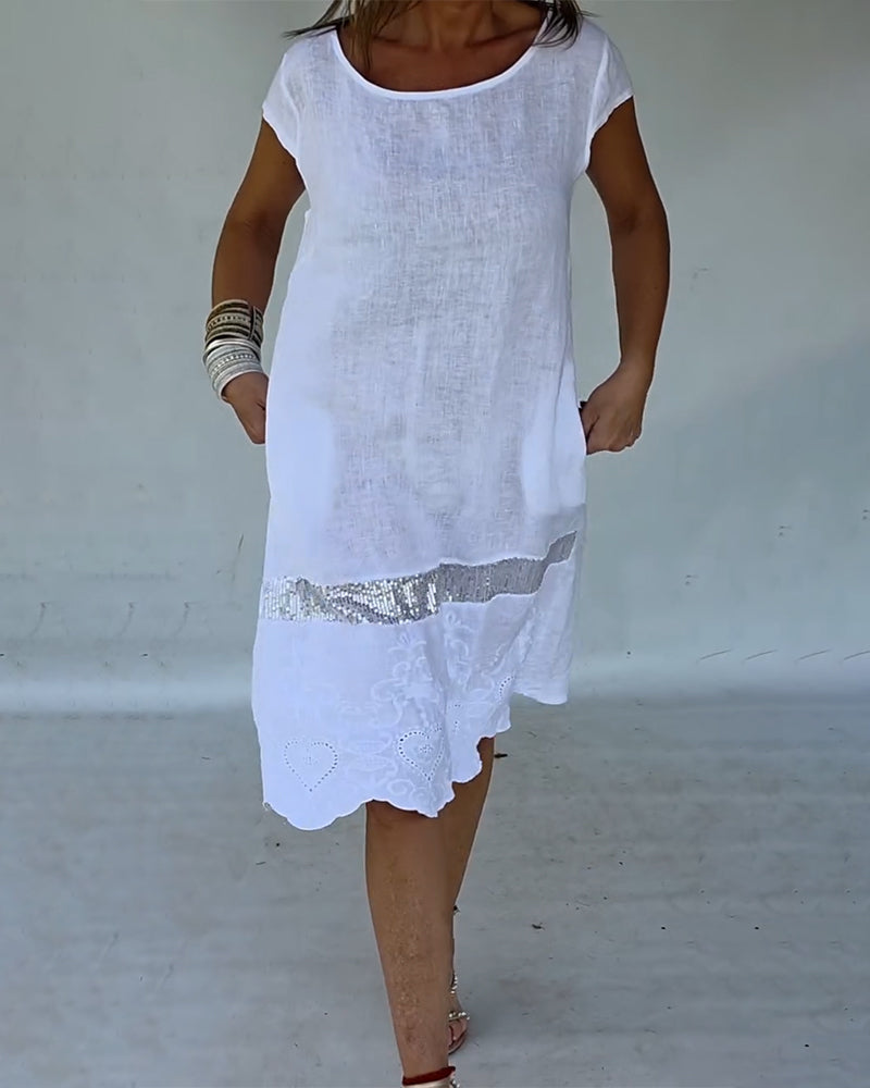 Round Neck Short Sleeve Solid Color Dress