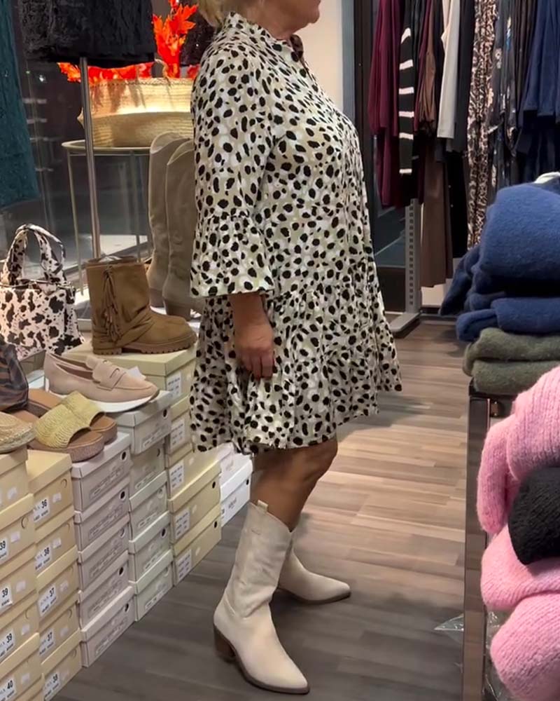 Bell Sleeves Stand Collar Printed Dress