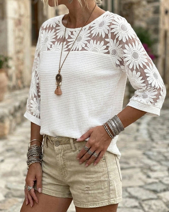 Round Neck Lace Waffle Patchwork T-Shirt