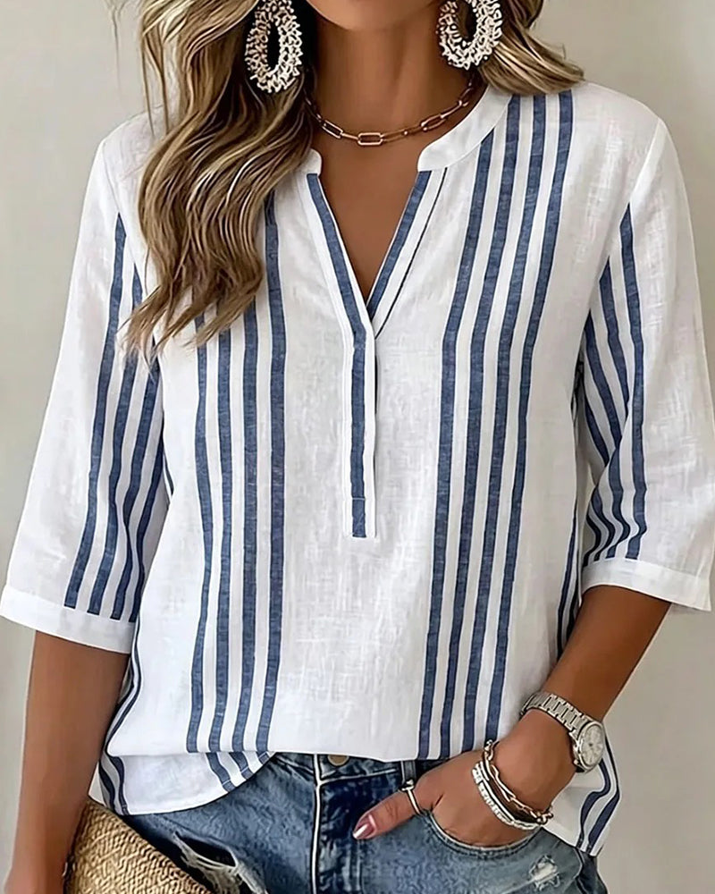 Vertical Stripe Stand Collar Blouse