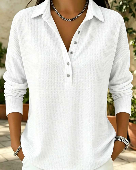 Waffle Lapel Long Sleeve Top