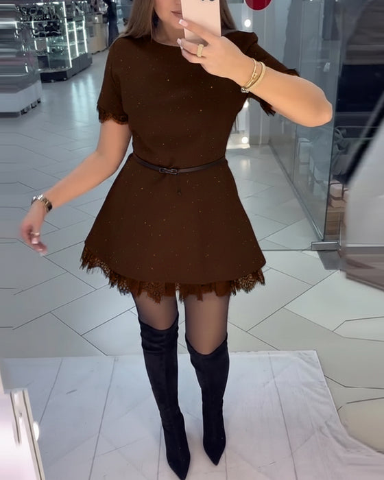 Sparkling Lace Short-Sleeve A-Line Dress