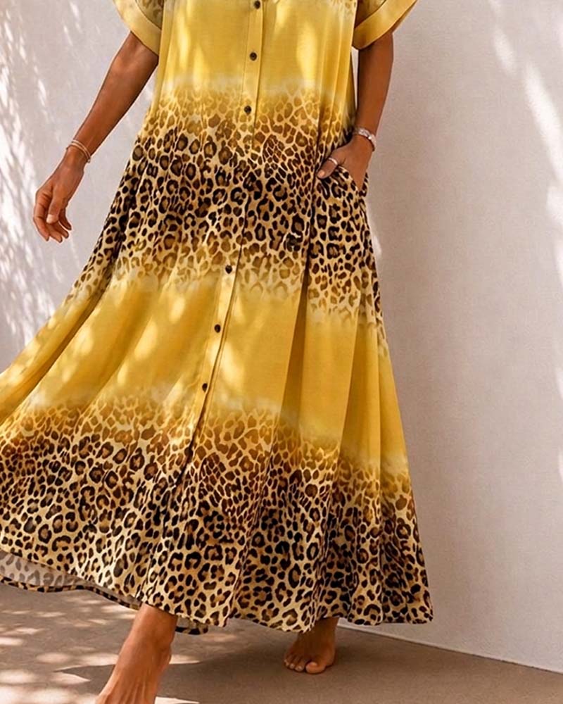 Lapel Leopard Print Gradient Shirt Dress