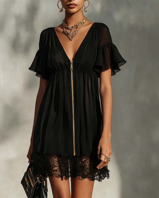 Ruffle Flare Sleeve Zipper Lace Dress