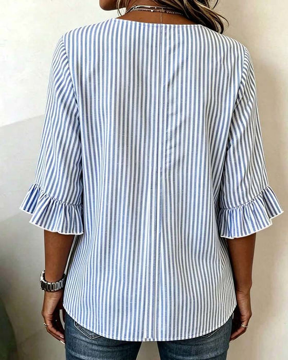 Mini V-Neck Ruffle Stripe Button Blouse