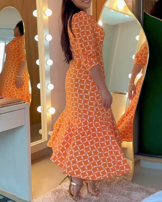 Half Sleeve Round Neck Waist Print Dress