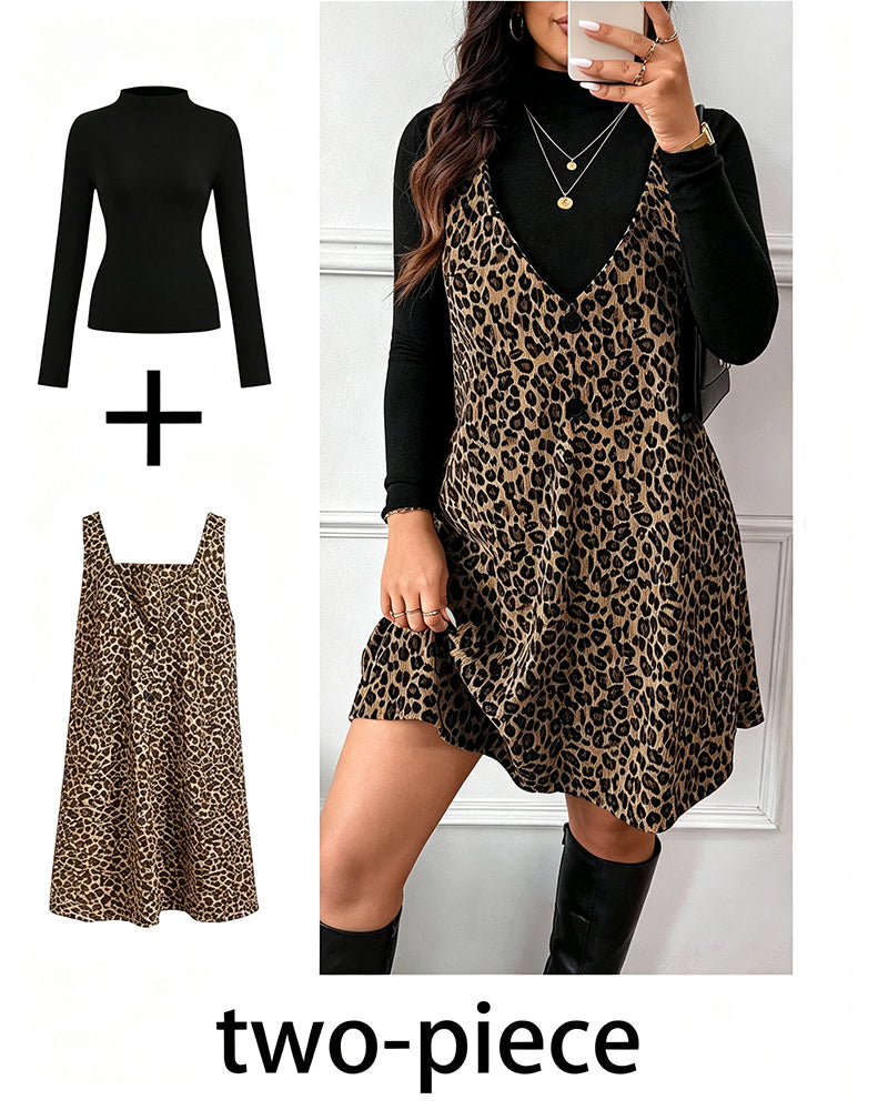 Turtleneck Slim Fit Leopard Print Jumpsuit Skirt Set