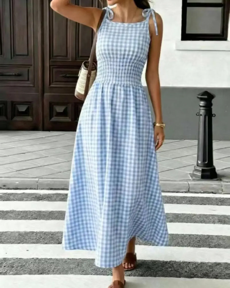 Lace-Up Plaid Suspender A-Line Dress