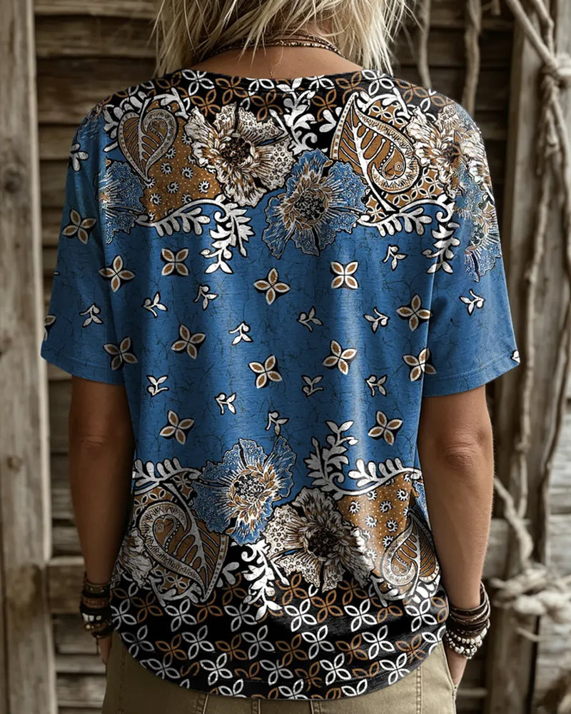 Vintage Floral Colorblock Crewneck T-Shirt