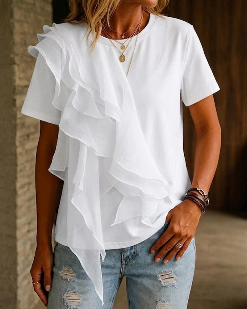 Crew Neck Ruffle Irregular T-Shirt