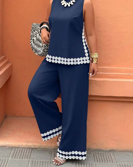 Sleeveless Crew Neck Top Wide Leg Long Pants Set