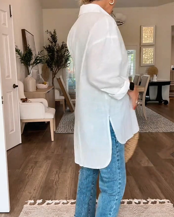V-Neck Button Solid Color Loose Blouse