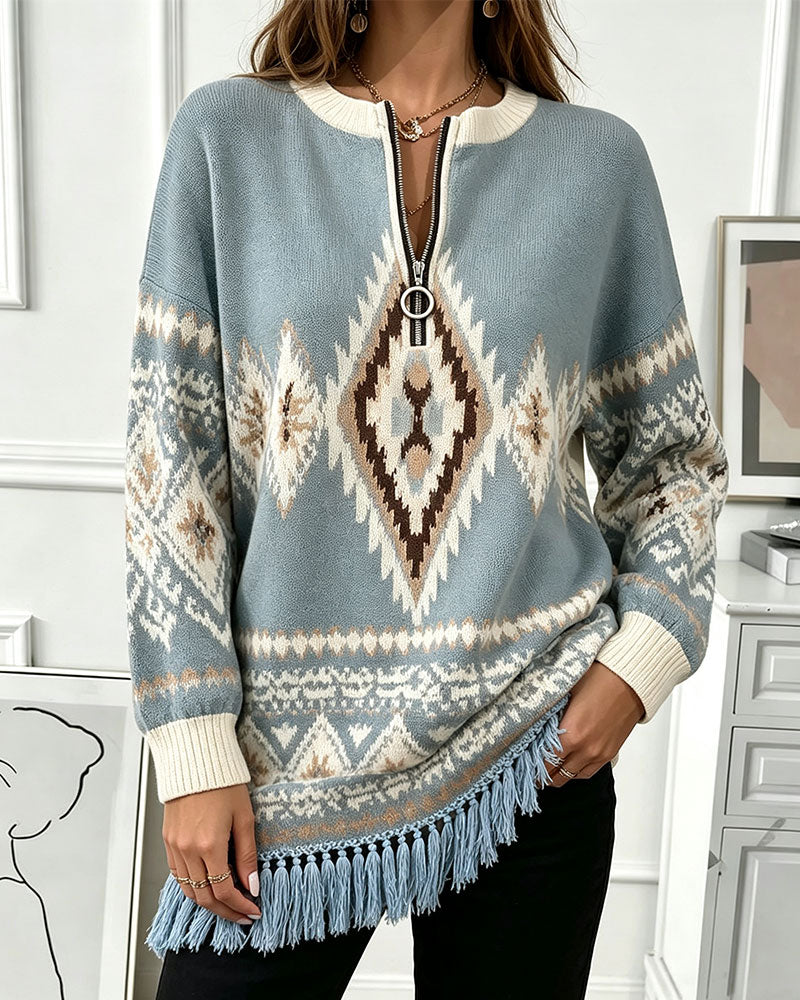 Geometric Jacquard Half-Zip Fringed Hem Pullover