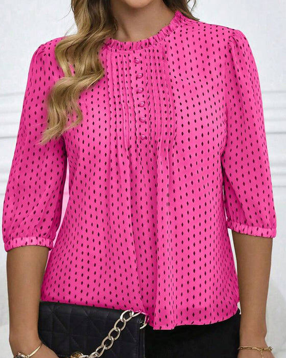 Ruffle Trim Loose Polka Dot Blouse