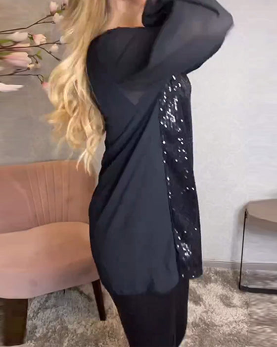 Round Neck Long Sleeve Sequin Shirt