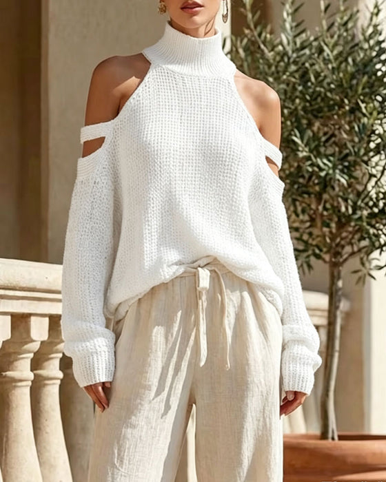 Turtleneck Hanging Neck Shoulder-Cutout Pullover