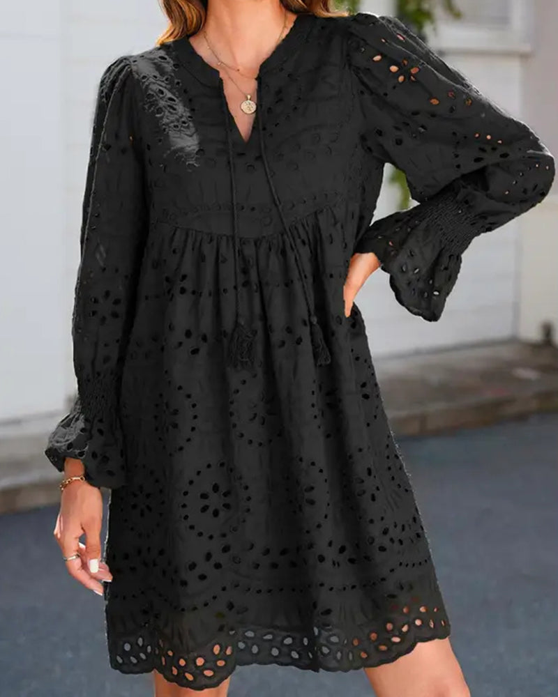 Hollow-Out Long-Sleeve Tie-Waist A-Line Dress