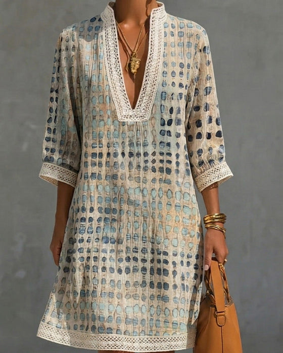 V-Neck Polka Dot Lace Patchwork Stand Collar Dress