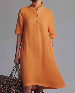 Solid Color Stand-Collar Short-Sleeved Dress