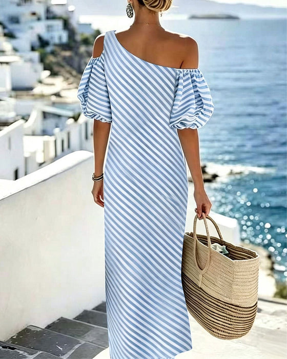 Blue And White Striped Off-Shoulder Dress
