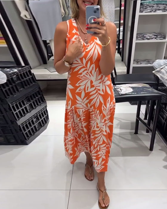 Casual sleeveless maple leaf print dress