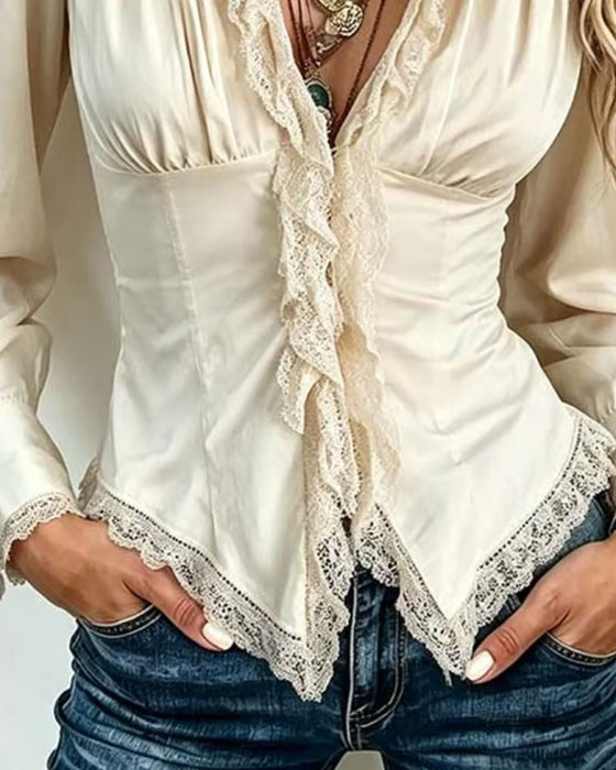 Collared Lace Spliced Long-Sleeve Blouse