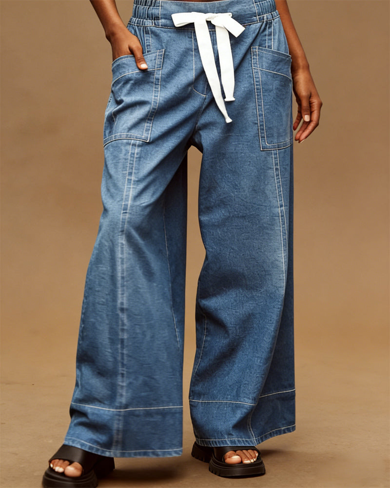 Drawstring Large Pocket Wide-Leg Jeans