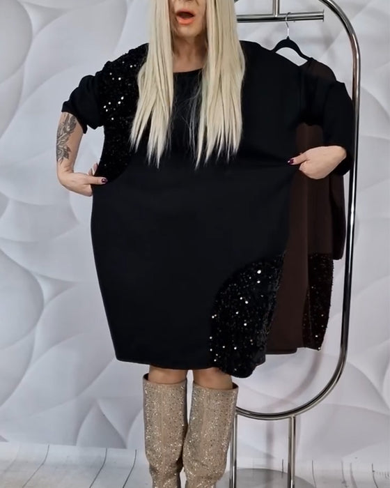 Round Neck Sequined Patchwork Dress